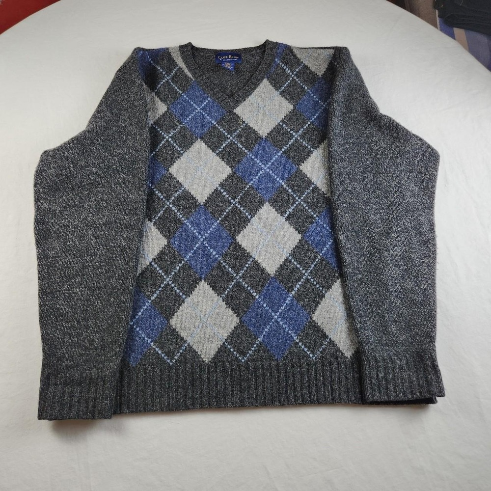 Club Room Mens Argyle V-Neck Sweater Blue Grey 100% Lambswool Size L